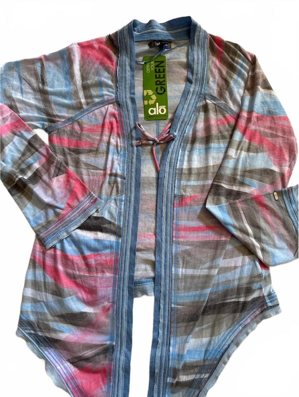 Alo Women's Medium Striped Lightweight Open Front Cardigan with Tie Detail